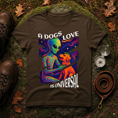 Universal Love Graphic Tee, Alien Dog Lover Shirt, Gift for Dog Owners, Unique Unisex T-Shirt, Fun Casual Wear, Cosmic Pets Apparel