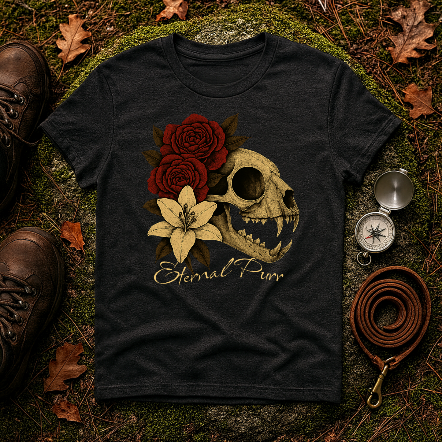 Eternal Purr Cat Skull Gothic Floral T-Shirt