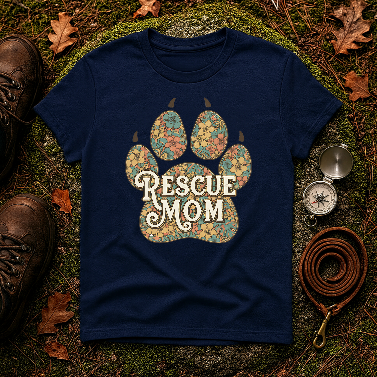 Rescue Mom T-Shirt | Floral Paw Print Dog Lover Tee