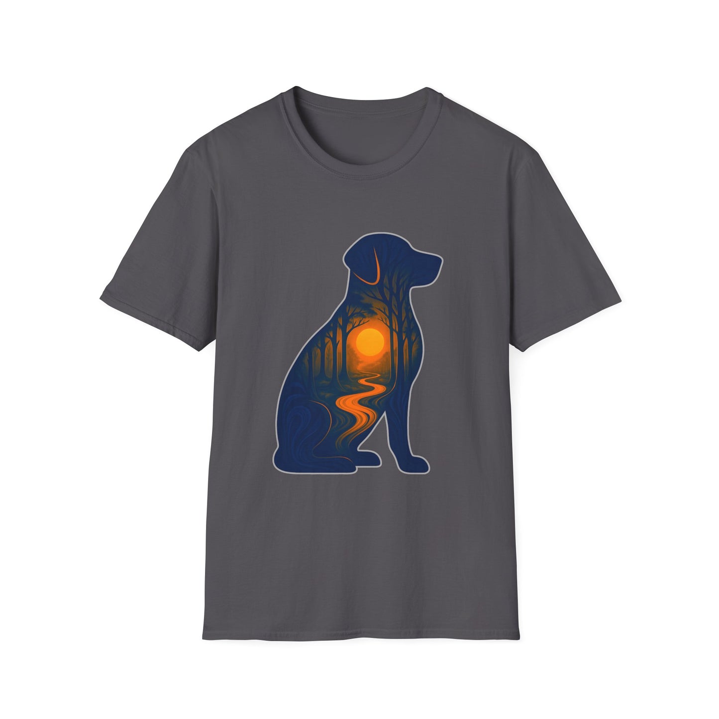 Sunset Dog Silhouette Nature Forest Adventure Unisex Softstyle T-Shirt | Perfect Gift for Pet Lovers, Nature Enthusiasts, Summer Wear, Gift for Dog Owners.