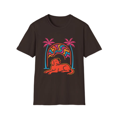 Psychedelic Dog Palm Trees Tee - Retro Sunset