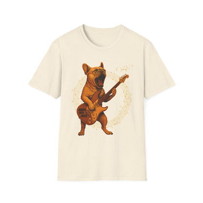 Rocking French Bulldog Unisex T-Shirt, Dog Lover Gift, Music Tee, Funny Graphic Shirt, Pet Themed Apparel