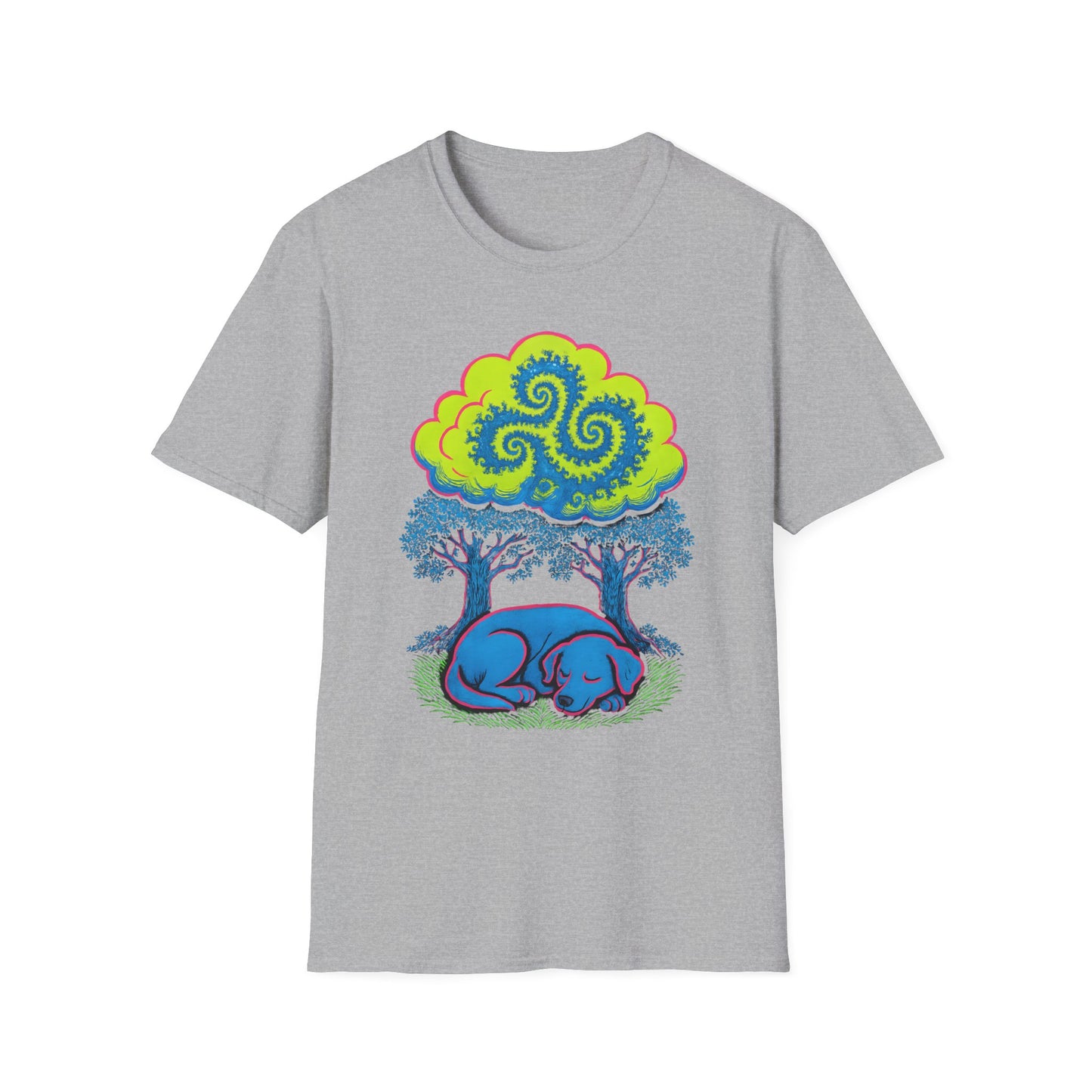 Psychedelic Sleeping Dog T-Shirt with Trippy Fractals, Gift for Nature Lovers, Unisex Tee, Festival Wear, Boho Style, Eco-Friendly Clothing
