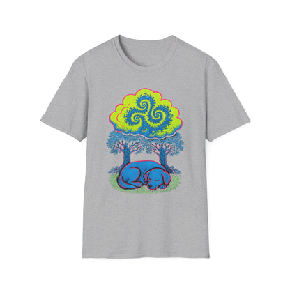 Psychedelic Sleeping Dog T-Shirt with Trippy Fractals, Gift for Nature Lovers, Unisex Tee, Festival Wear, Boho Style, Eco-Friendly Clothing