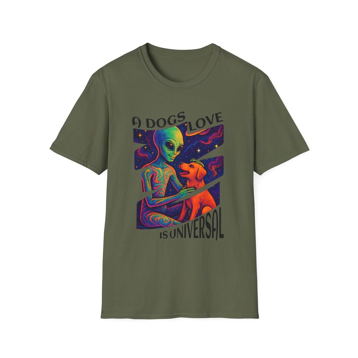Universal Love Graphic Tee, Alien Dog Lover Shirt, Gift for Dog Owners, Unique Unisex T-Shirt, Fun Casual Wear, Cosmic Pets Apparel