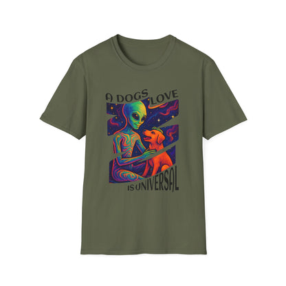 Universal Love Graphic Tee, Alien Dog Lover Shirt, Gift for Dog Owners, Unique Unisex T-Shirt, Fun Casual Wear, Cosmic Pets Apparel