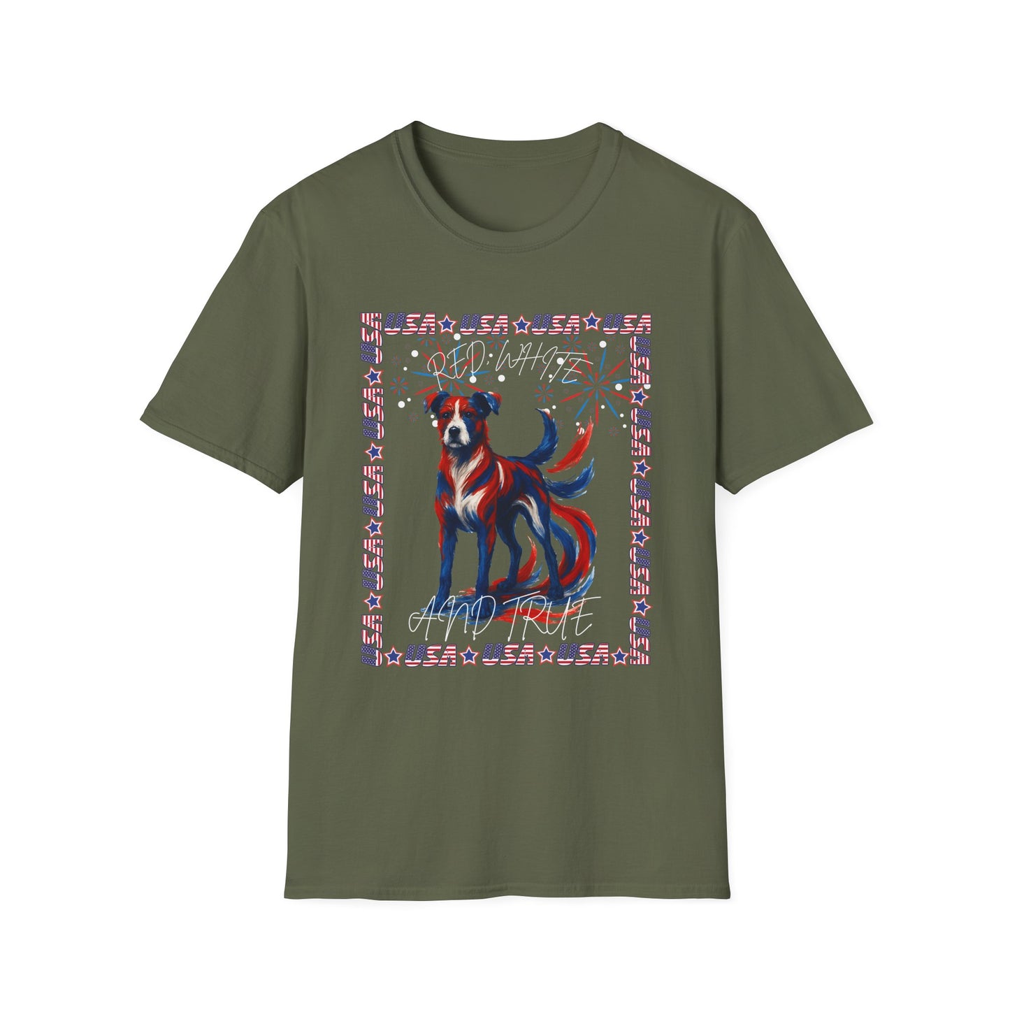 Patriotic Dog T-Shirt | Unisex Softstyle Tee | 4th of July | Casual Wear | Gift for Dog Lovers | Fun Summer Shirt