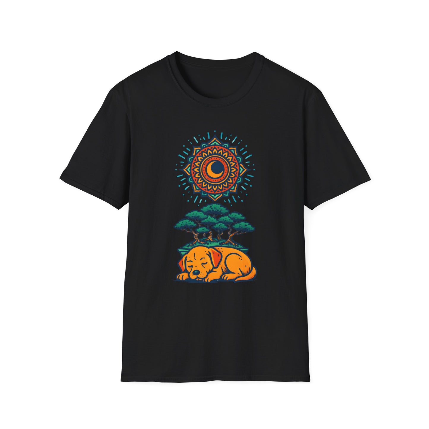Zen Sleeping Dog T-Shirt with Bonsai and Mandala Art, Cozy Summer Shirt, Casual Wear, Gift for Dog Lovers, Unique Unisex T-Shirt
