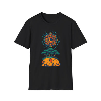 Zen Sleeping Dog T-Shirt with Bonsai and Mandala Art, Cozy Summer Shirt, Casual Wear, Gift for Dog Lovers, Unique Unisex T-Shirt