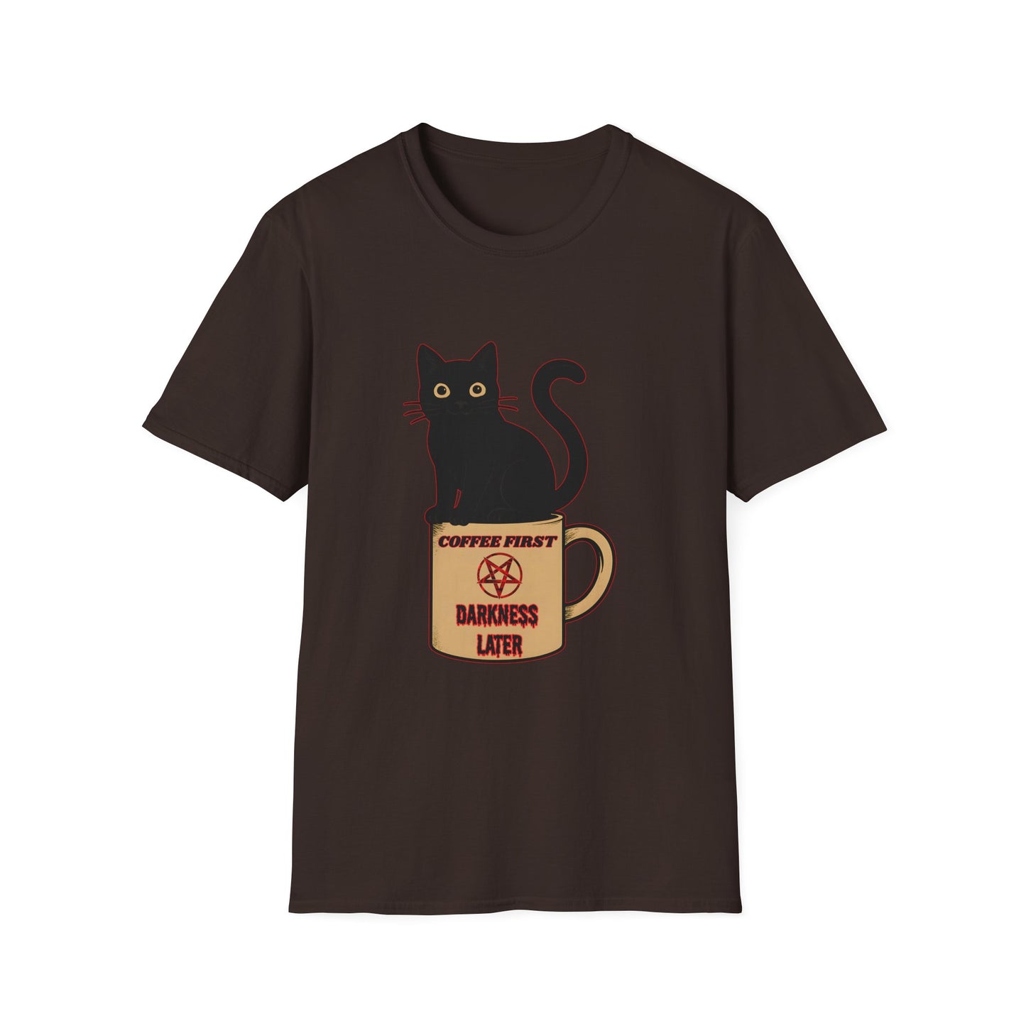 Coffee First, Darkness Later Cat T-Shirt, Unisex Tee for Cat Lovers, Perfect Gift for Halloween, Casual Wear, Comfortable Cotton Tee