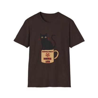 Coffee First, Darkness Later Cat T-Shirt, Unisex Tee for Cat Lovers, Perfect Gift for Halloween, Casual Wear, Comfortable Cotton Tee