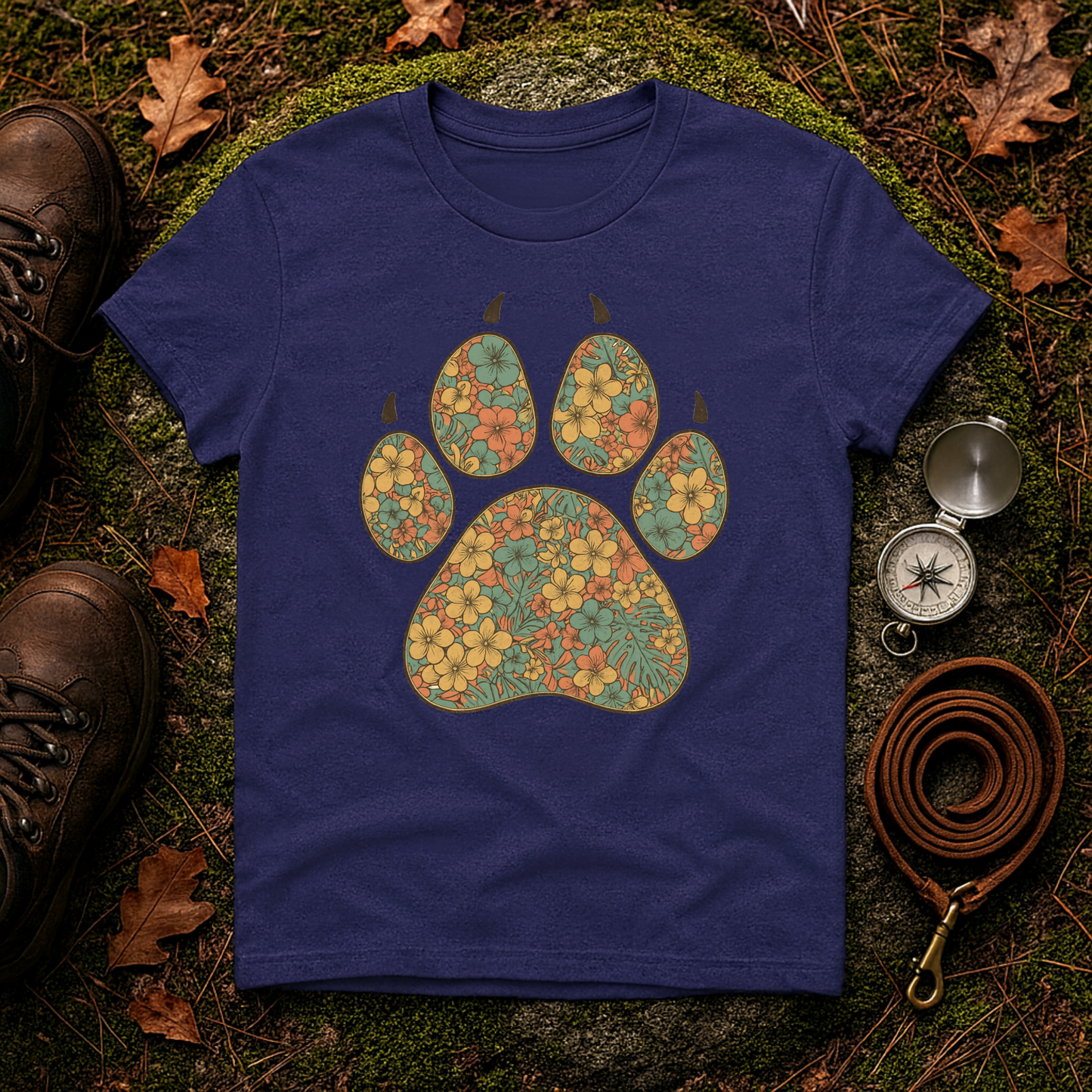 Vintage Tropical Floral Paw Print T-Shirt | Dog Lover Graphic Tee