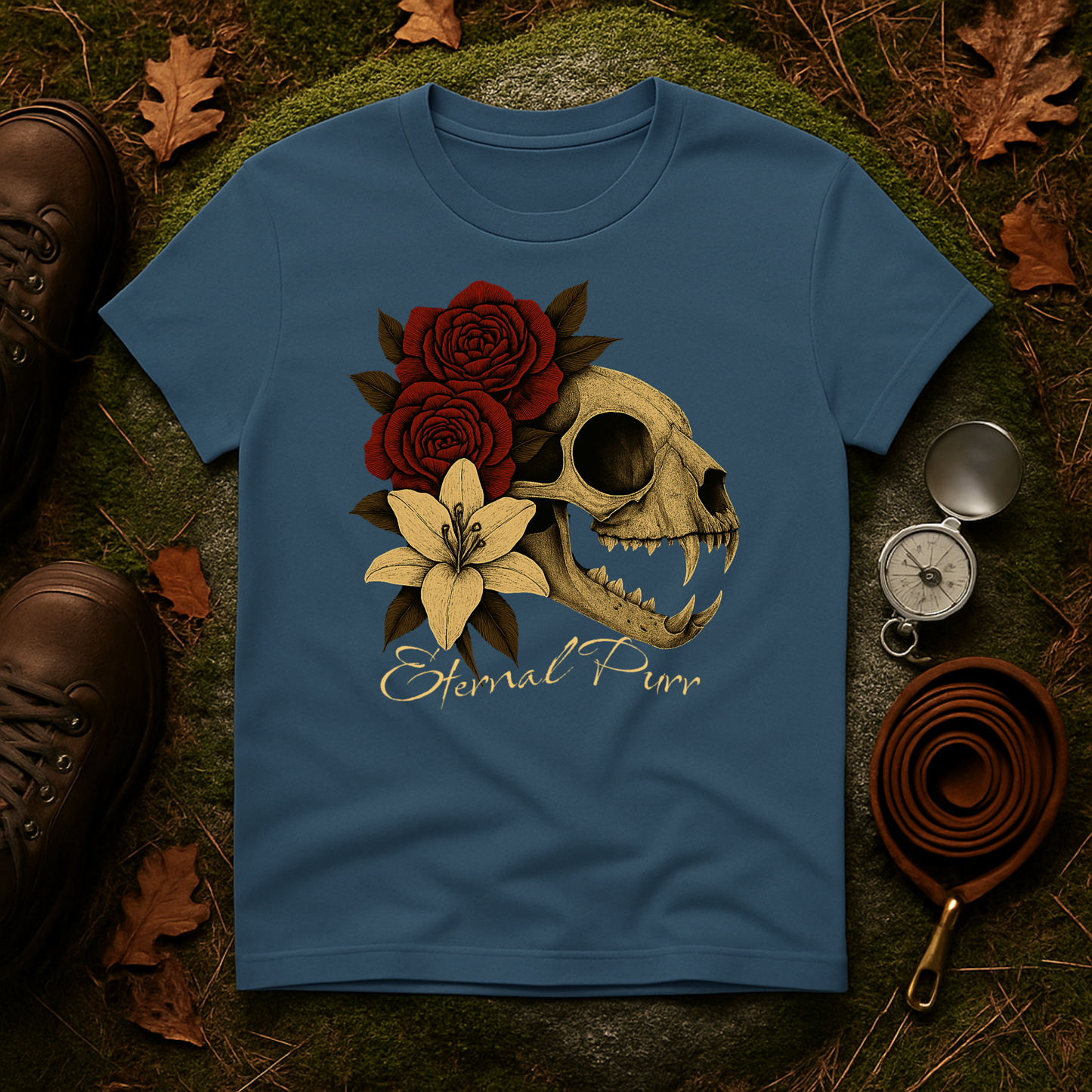 Eternal Purr Cat Skull Gothic Floral T-Shirt