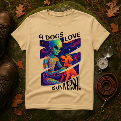 Universal Love Graphic Tee, Alien Dog Lover Shirt, Gift for Dog Owners, Unique Unisex T-Shirt, Fun Casual Wear, Cosmic Pets Apparel