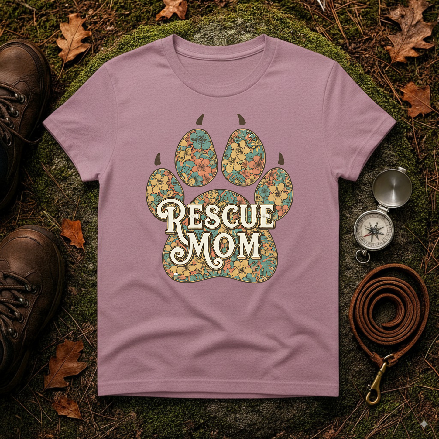 Rescue Mom T-Shirt | Floral Paw Print Dog Lover Tee