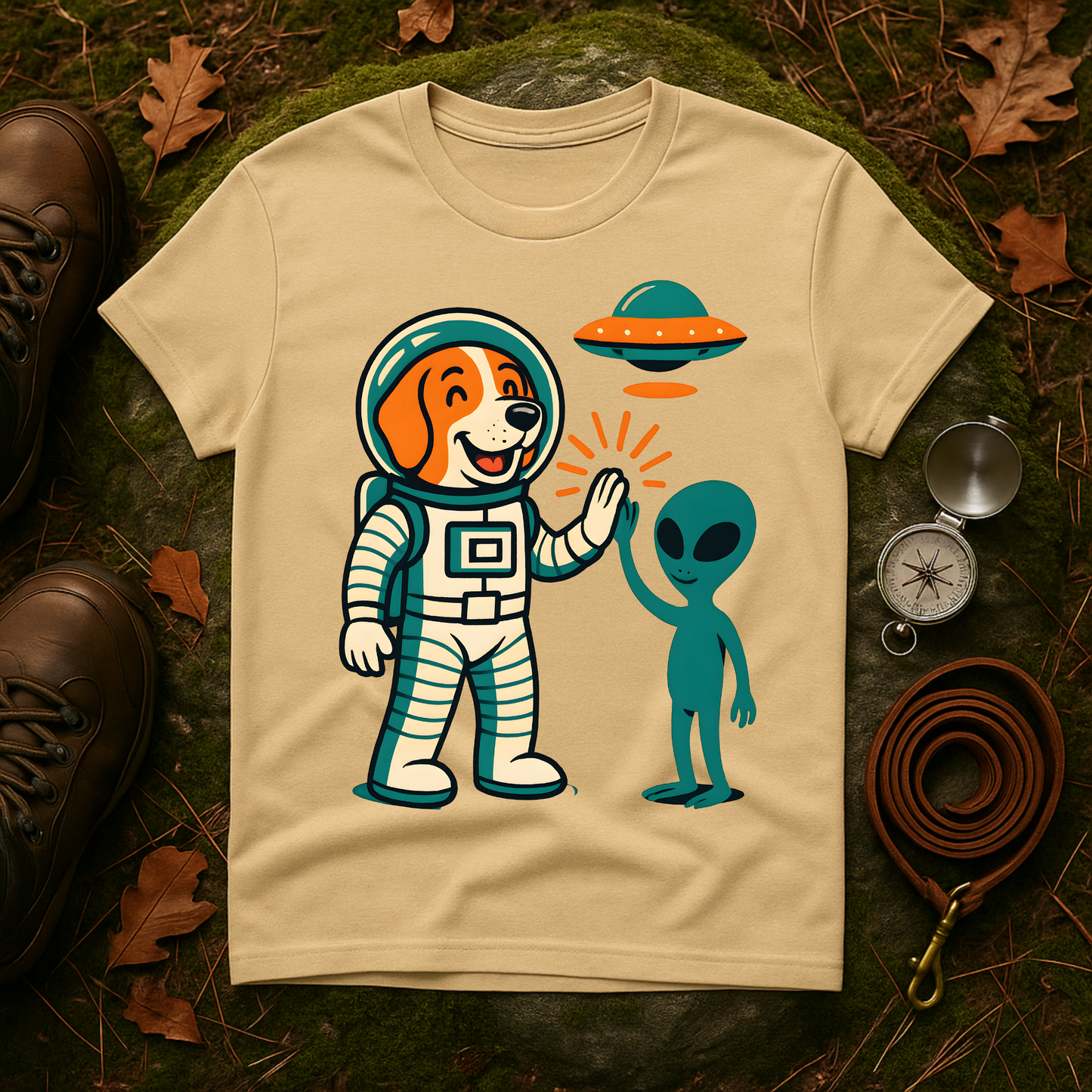 Alien High Five Dog T-Shirt – Funny Space Dog Tee for Animal Lovers, Casual Wear