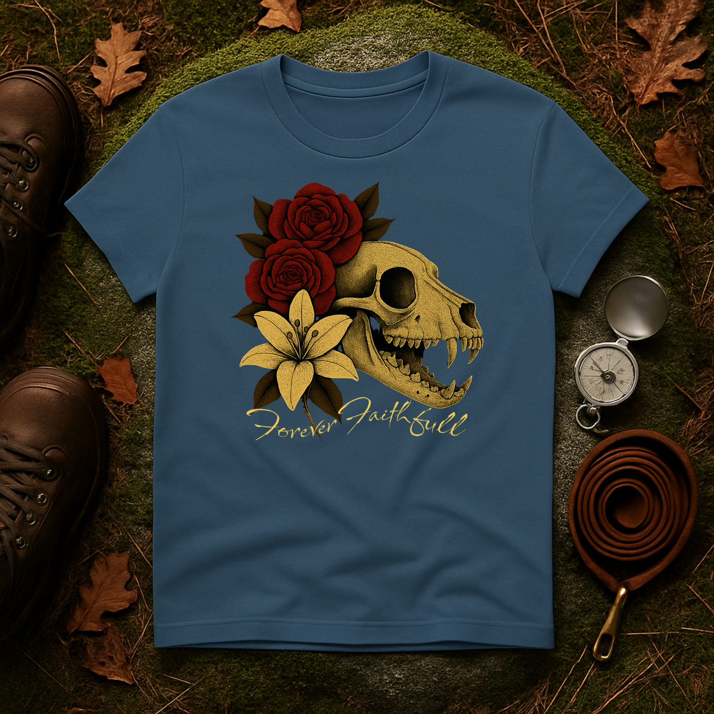 Forever Faithful Dog Skull Floral Gothic T-Shirt