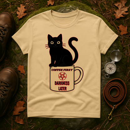 Coffee First, Darkness Later Cat T-Shirt, Unisex Tee for Cat Lovers, Perfect Gift for Halloween, Casual Wear, Comfortable Cotton Tee