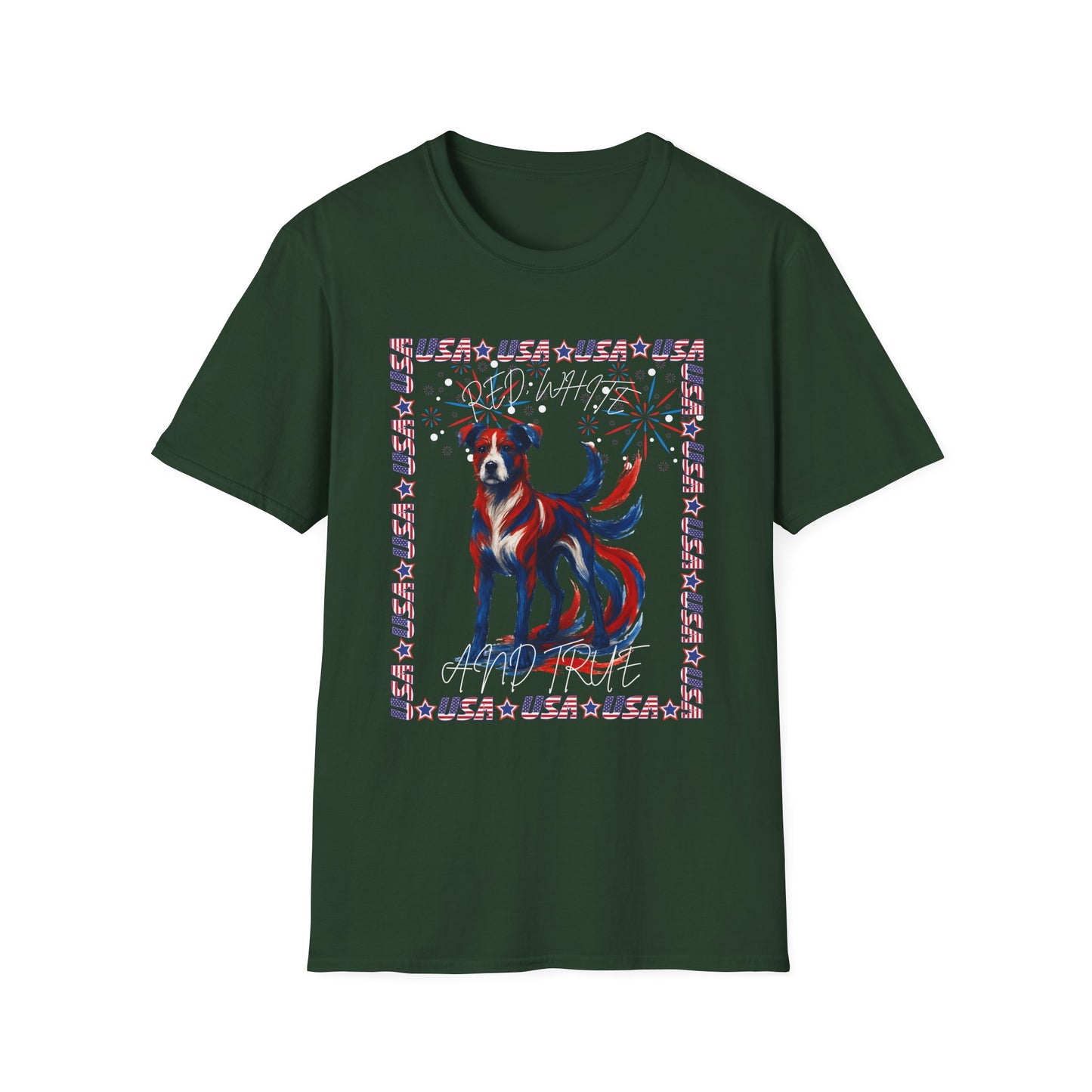 Patriotic Dog T-Shirt | Unisex Softstyle Tee | 4th of July | Casual Wear | Gift for Dog Lovers | Fun Summer Shirt