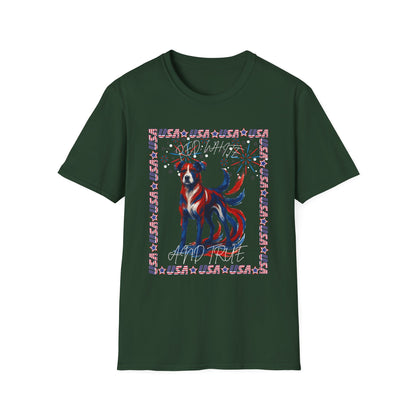 Patriotic Dog T-Shirt | Unisex Softstyle Tee | 4th of July | Casual Wear | Gift for Dog Lovers | Fun Summer Shirt