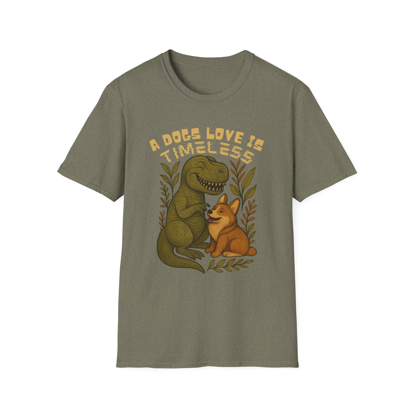 Timeless Love T-Shirt, Cute Dino and Dog Design, Pet Lover Gift, Unisex Apparel, Animal Lover Shirt, Casual Wear, Gift for Dog Owners