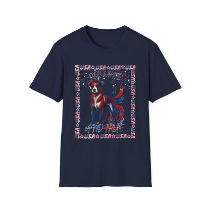 Patriotic Dog T-Shirt | Unisex Softstyle Tee | 4th of July | Casual Wear | Gift for Dog Lovers | Fun Summer Shirt