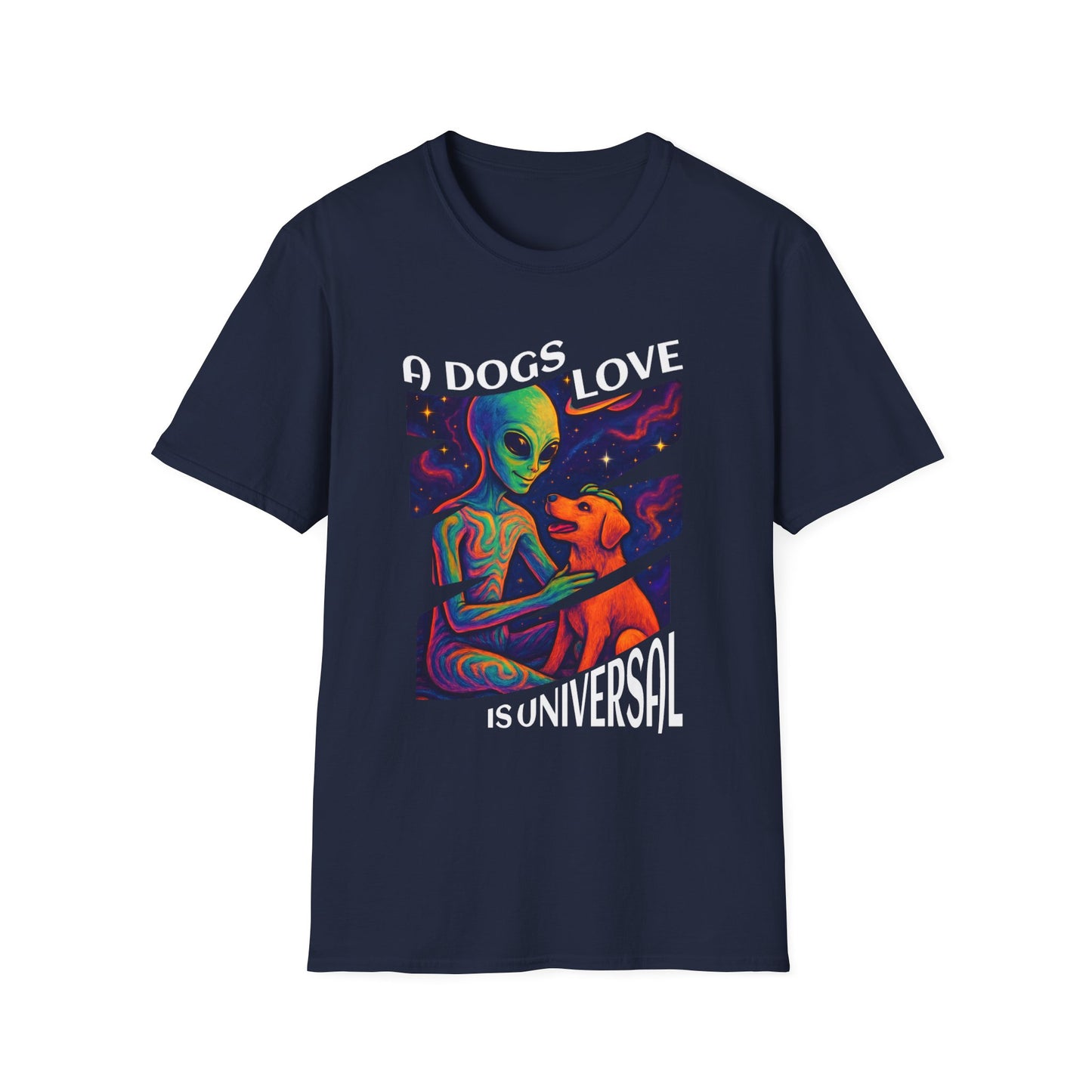 Universal Love Graphic Tee, Alien Dog Lover Shirt, Gift for Dog Owners, Unique Unisex T-Shirt, Fun Casual Wear, Cosmic Pets Apparel
