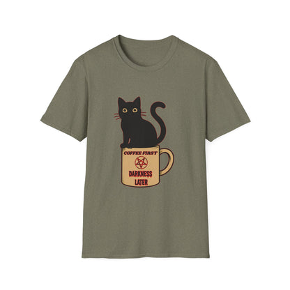 Coffee First, Darkness Later Cat T-Shirt, Unisex Tee for Cat Lovers, Perfect Gift for Halloween, Casual Wear, Comfortable Cotton Tee