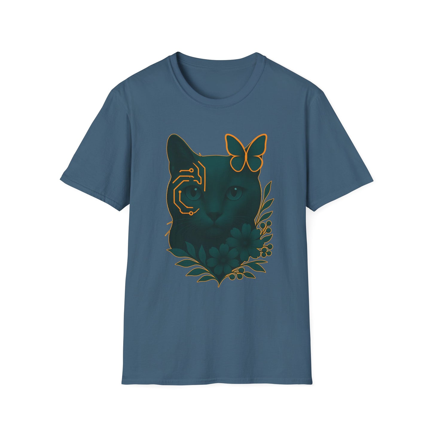 Cyber Floral Cat T-Shirt – Futuristic Cat Lover Tee, Nature Inspired Tee, Animal Print Shirt, Butterfly Art Design
