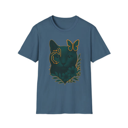 Cyber Floral Cat T-Shirt – Futuristic Cat Lover Tee, Nature Inspired Tee, Animal Print Shirt, Butterfly Art Design