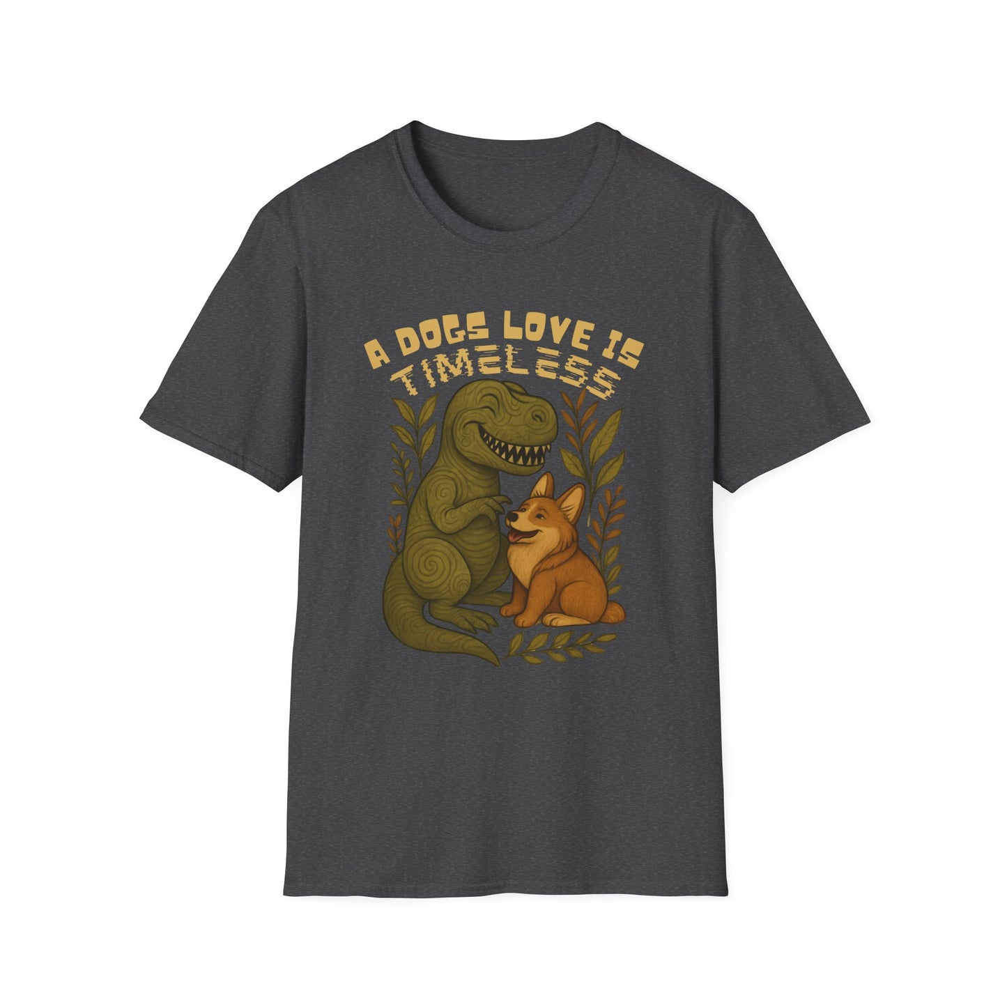 Timeless Love T-Shirt, Cute Dino and Dog Design, Pet Lover Gift, Unisex Apparel, Animal Lover Shirt, Casual Wear, Gift for Dog Owners