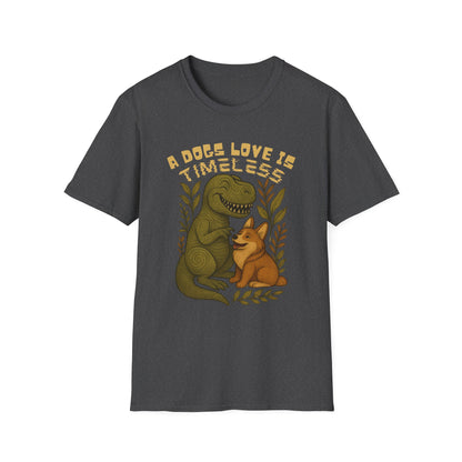 Timeless Love T-Shirt, Cute Dino and Dog Design, Pet Lover Gift, Unisex Apparel, Animal Lover Shirt, Casual Wear, Gift for Dog Owners