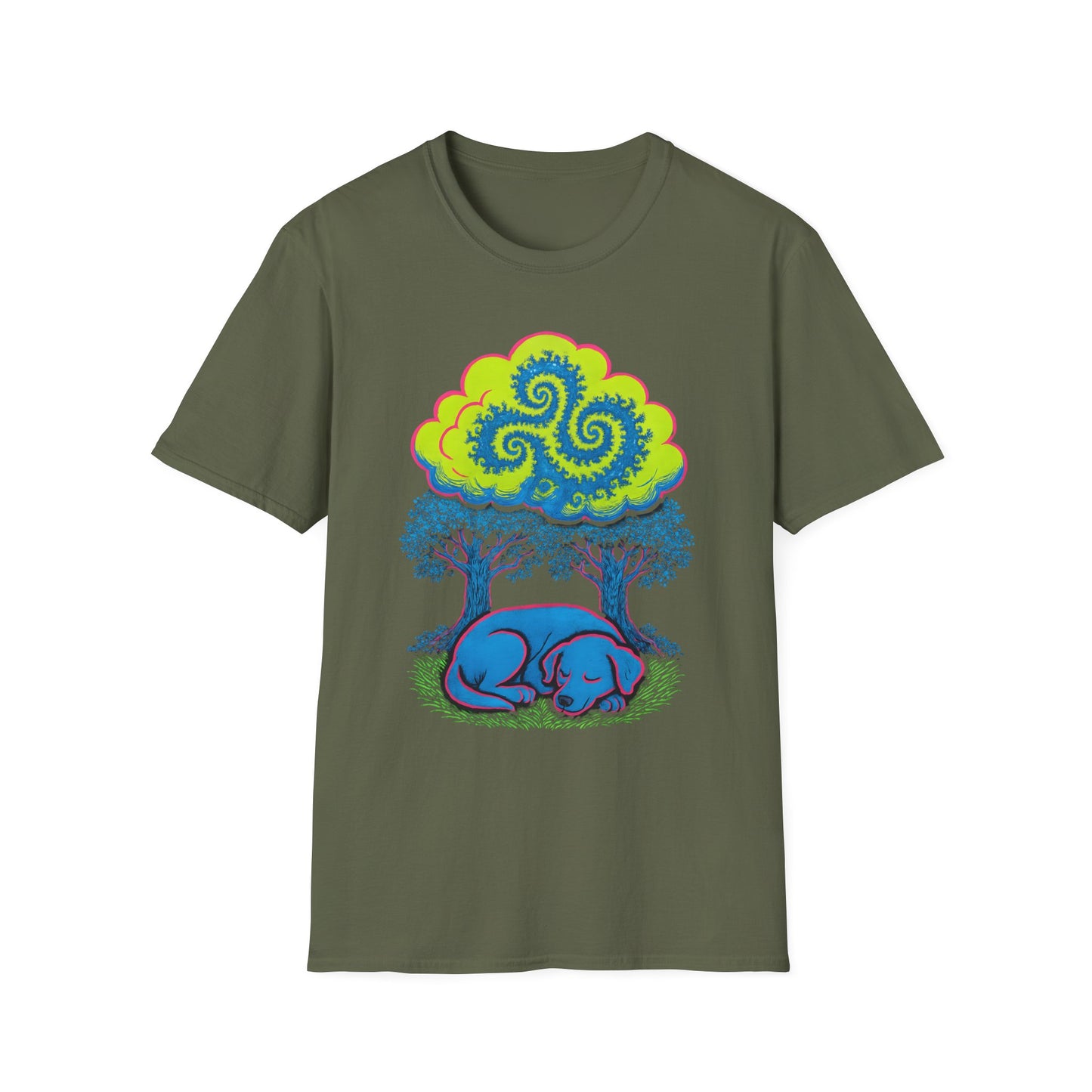 Psychedelic Sleeping Dog T-Shirt with Trippy Fractals, Gift for Nature Lovers, Unisex Tee, Festival Wear, Boho Style, Eco-Friendly Clothing