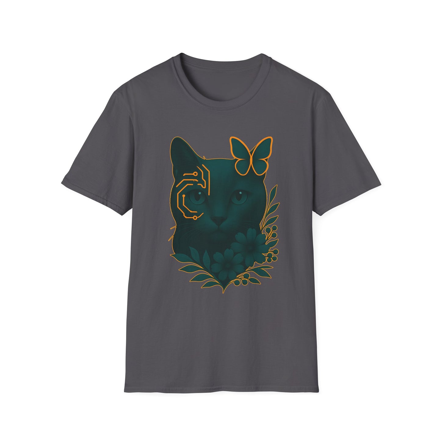 Cyber Floral Cat T-Shirt – Futuristic Cat Lover Tee, Nature Inspired Tee, Animal Print Shirt, Butterfly Art Design