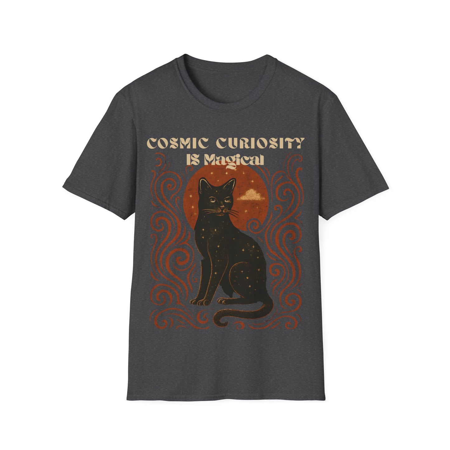Cosmic Curiosity Black Cat T-Shirt, Magical Tee, Cat Lover Gift, Witchy Apparel, Autumn Outfit, Halloween Shirt