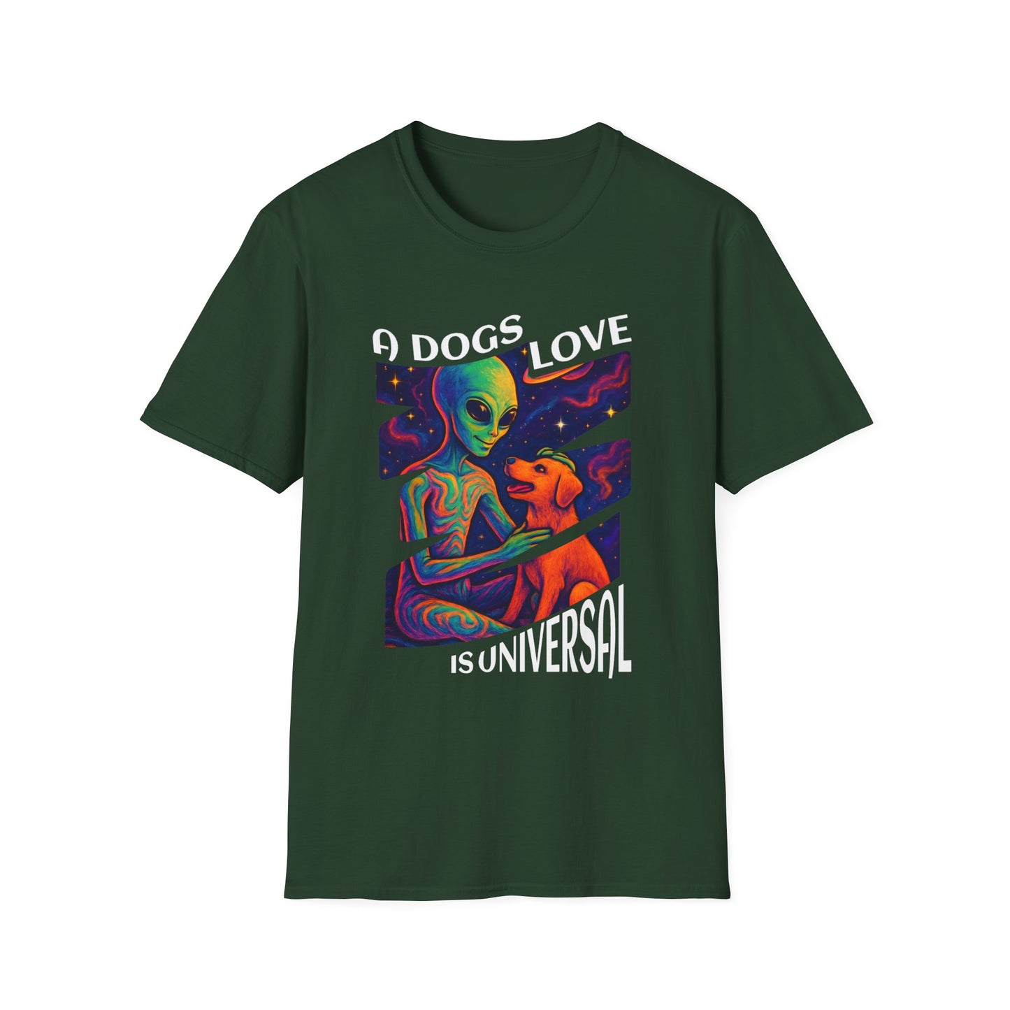 Universal Love Graphic Tee, Alien Dog Lover Shirt, Gift for Dog Owners, Unique Unisex T-Shirt, Fun Casual Wear, Cosmic Pets Apparel