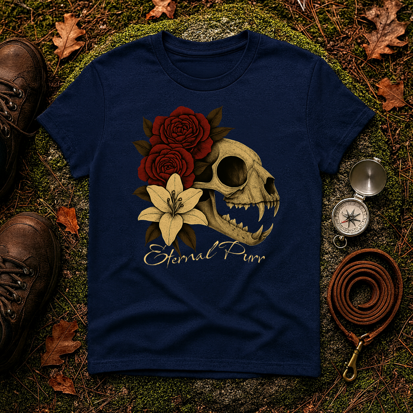 Eternal Purr Cat Skull Gothic Floral T-Shirt