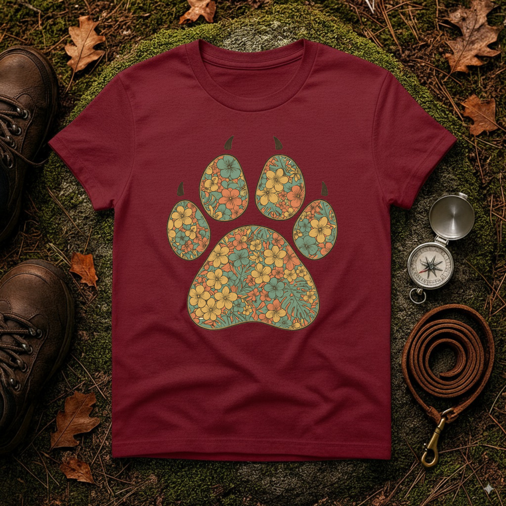 Vintage Tropical Floral Paw Print T-Shirt