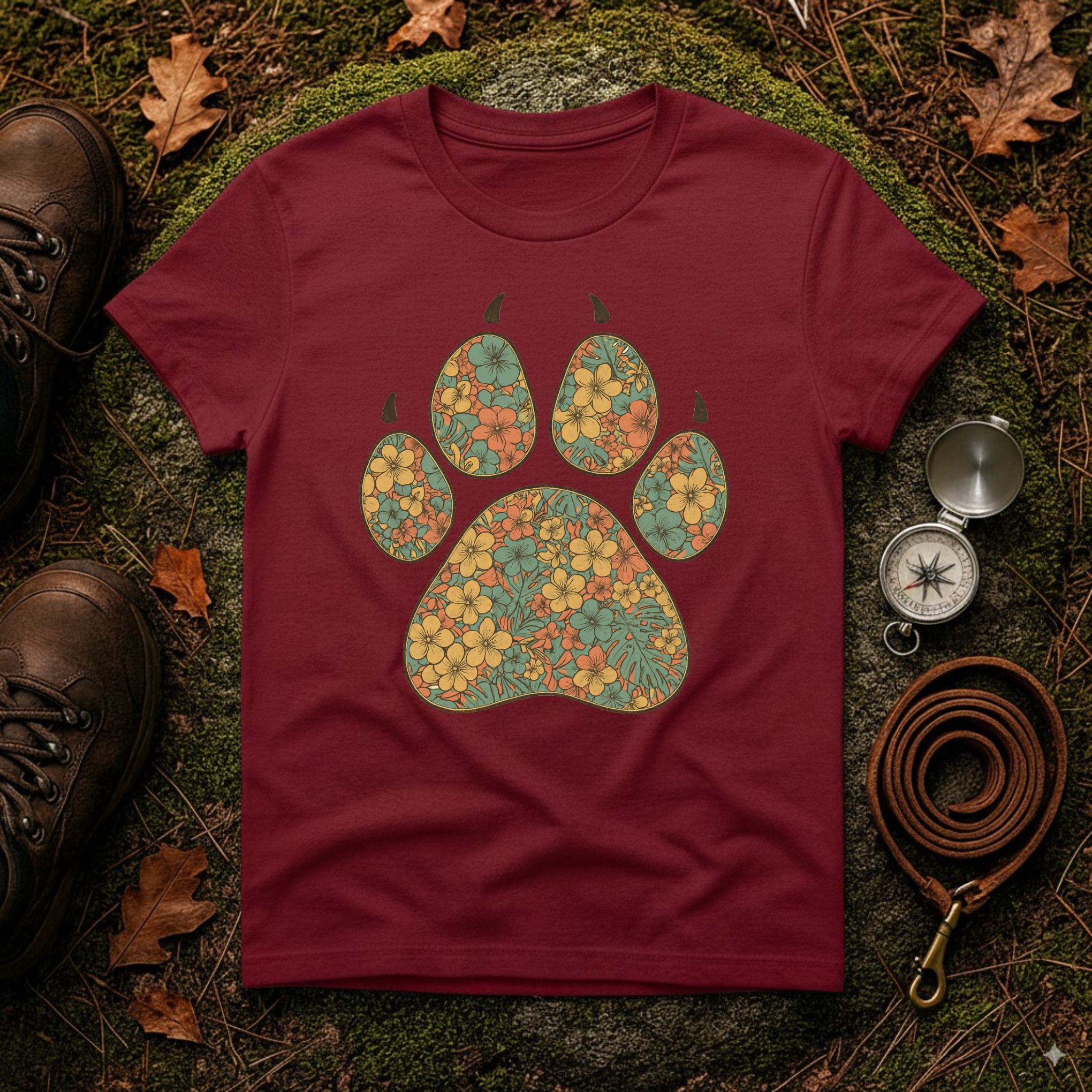 Vintage Tropical Floral Paw Print T-Shirt