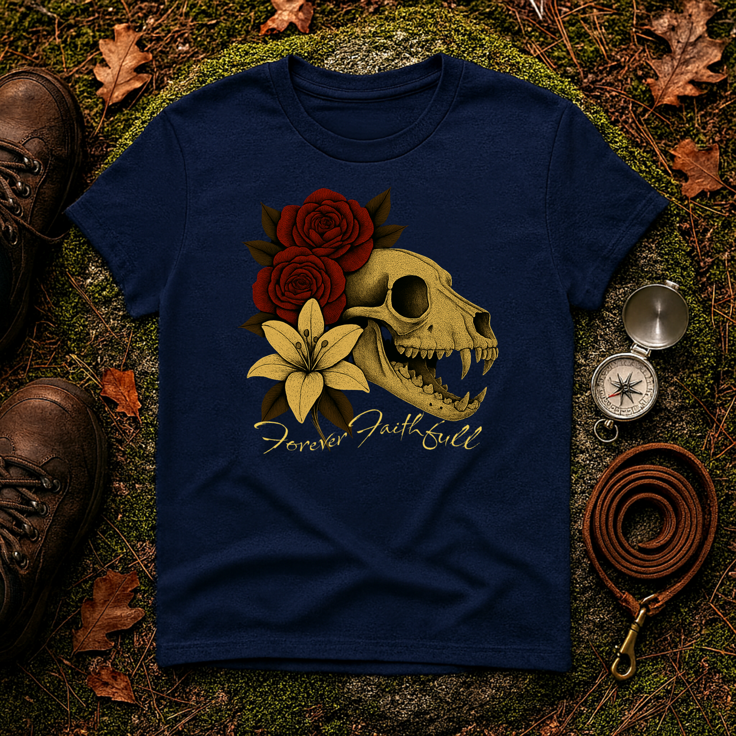 Forever Faithful Dog Skull Floral Gothic T-Shirt