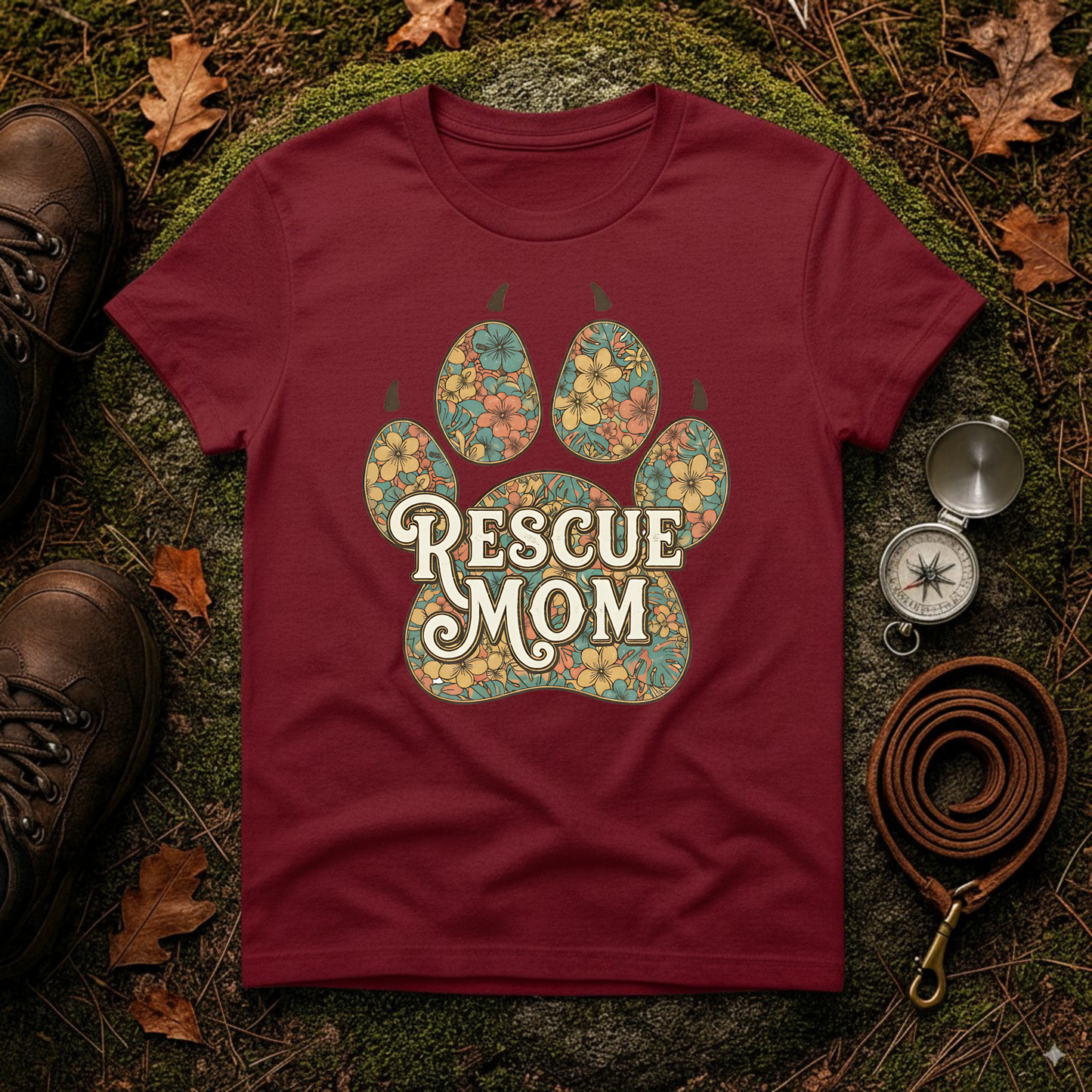 Rescue Mom T-Shirt | Floral Paw Print Dog Lover Tee