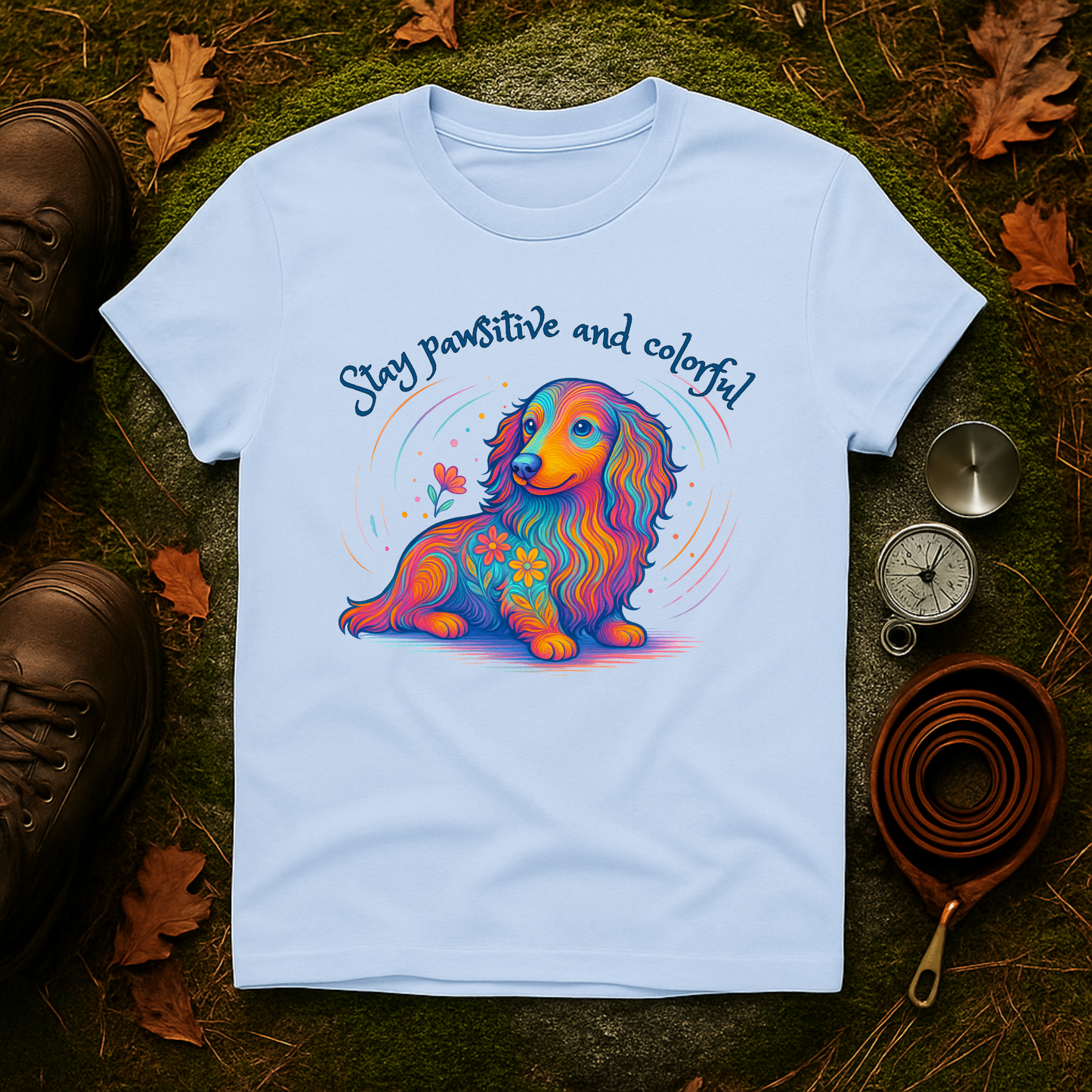 Colorful Dachshund Shirt – Stay Pawsitive Dog Tee