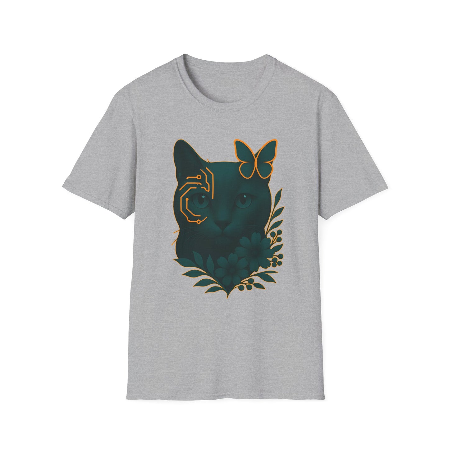 Cyber Floral Cat T-Shirt – Futuristic Cat Lover Tee, Nature Inspired Tee, Animal Print Shirt, Butterfly Art Design