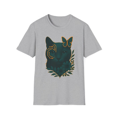 Cyber Floral Cat T-Shirt – Futuristic Cat Lover Tee, Nature Inspired Tee, Animal Print Shirt, Butterfly Art Design