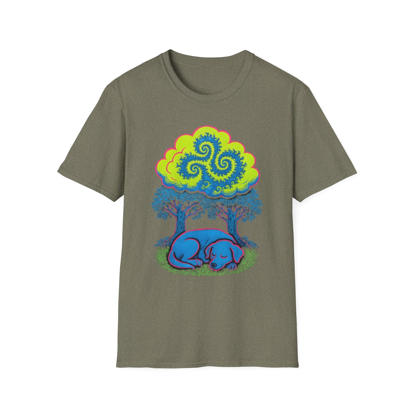 Psychedelic Sleeping Dog T-Shirt with Trippy Fractals, Gift for Nature Lovers, Unisex Tee, Festival Wear, Boho Style, Eco-Friendly Clothing