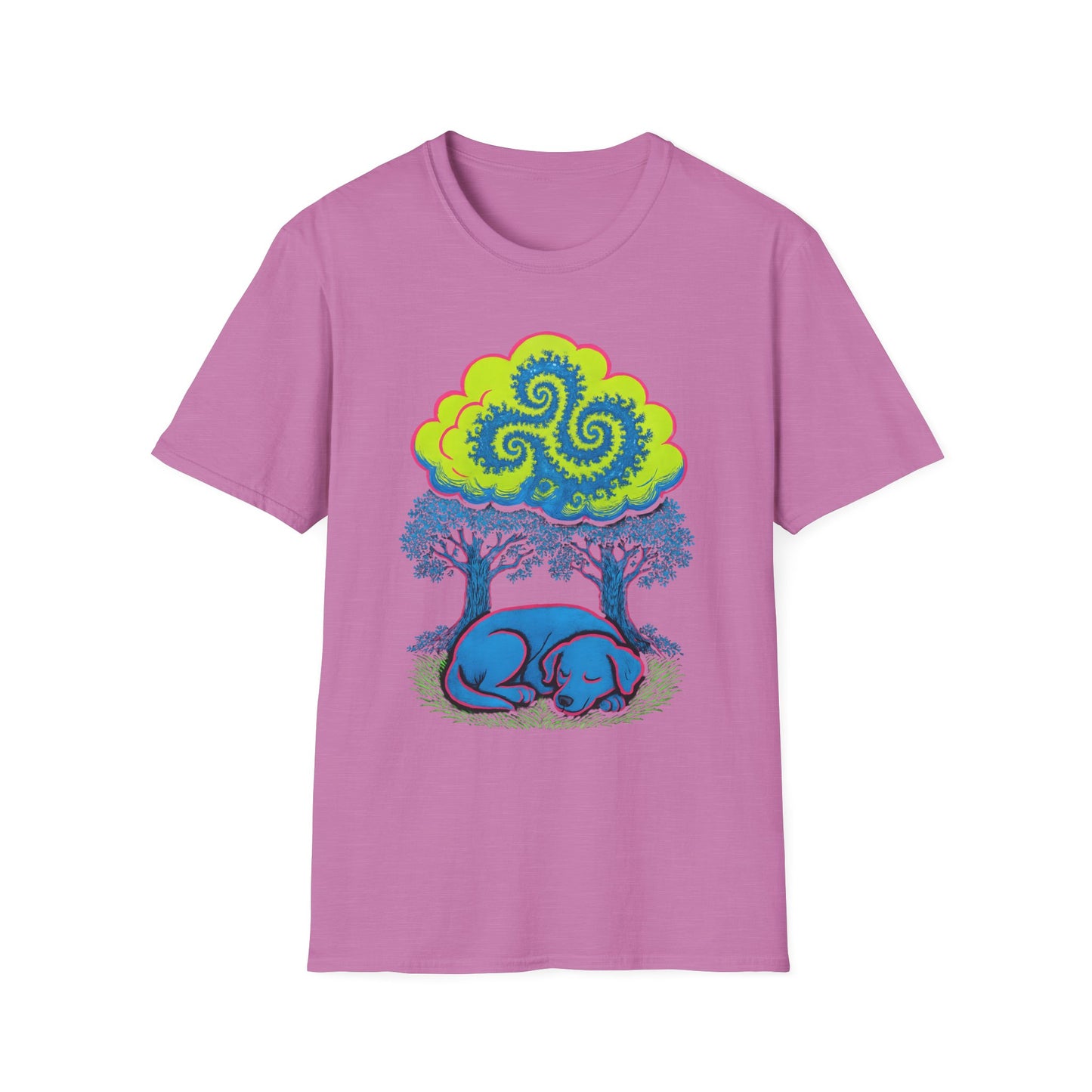 Psychedelic Sleeping Dog T-Shirt with Trippy Fractals, Gift for Nature Lovers, Unisex Tee, Festival Wear, Boho Style, Eco-Friendly Clothing