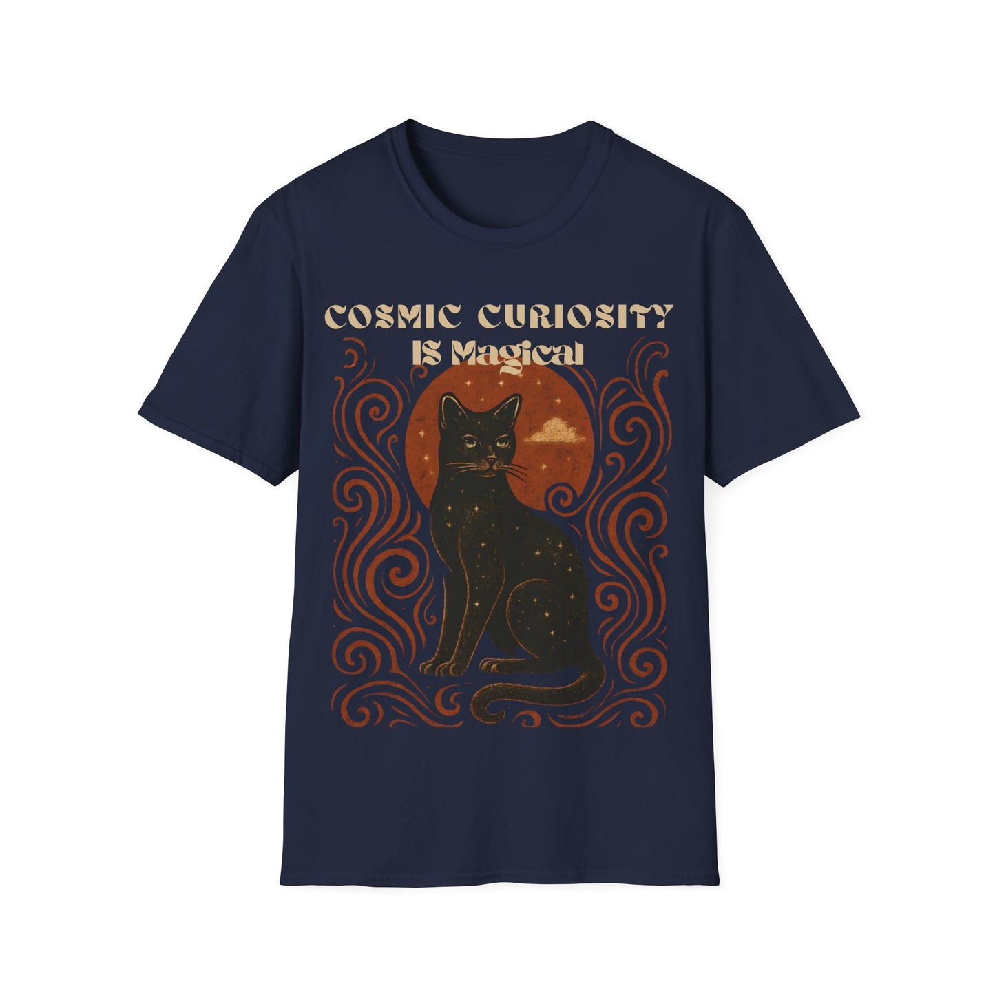 Cosmic Curiosity Black Cat T-Shirt, Magical Tee, Cat Lover Gift, Witchy Apparel, Autumn Outfit, Halloween Shirt