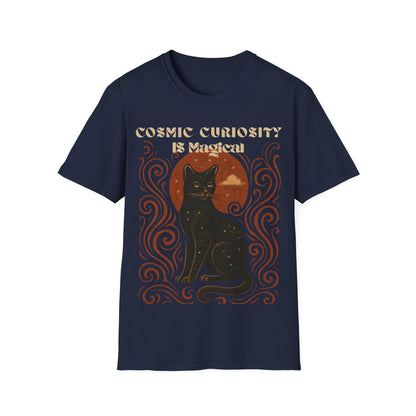 Cosmic Curiosity Black Cat T-Shirt, Magical Tee, Cat Lover Gift, Witchy Apparel, Autumn Outfit, Halloween Shirt