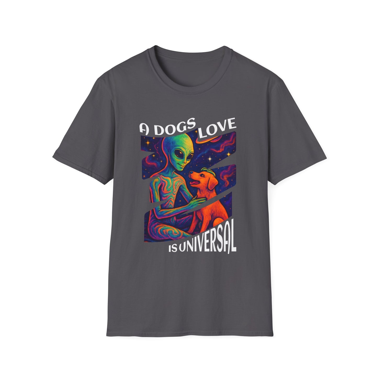 Universal Love Graphic Tee, Alien Dog Lover Shirt, Gift for Dog Owners, Unique Unisex T-Shirt, Fun Casual Wear, Cosmic Pets Apparel