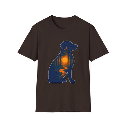 Sunset Dog Silhouette Nature Forest Adventure Unisex Softstyle T-Shirt | Perfect Gift for Pet Lovers, Nature Enthusiasts, Summer Wear, Gift for Dog Owners.